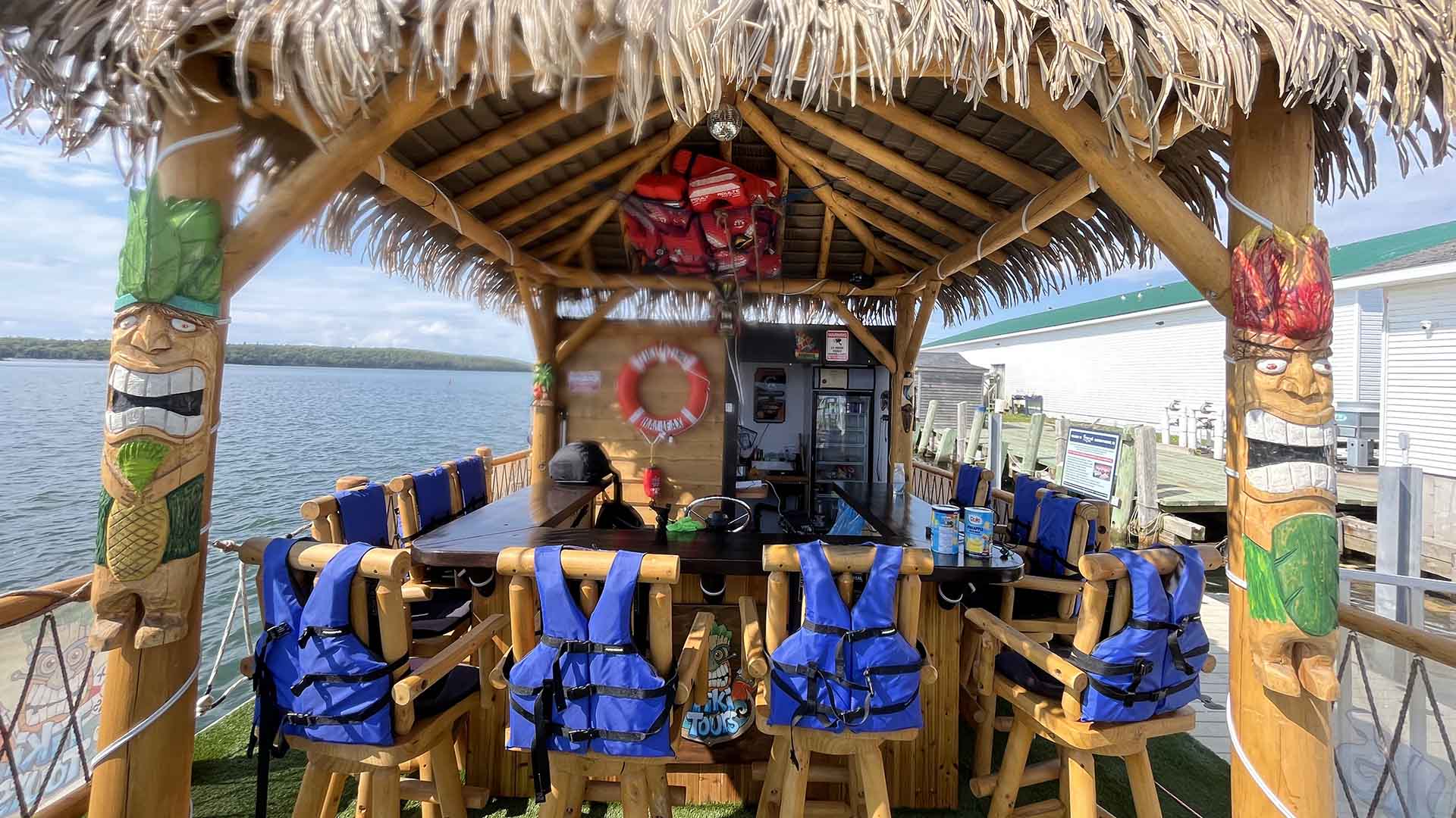 The "tiki hut" bar on one of the Tiki Tours Halifax boat cruise vessels in Halifax, Nova Scotia