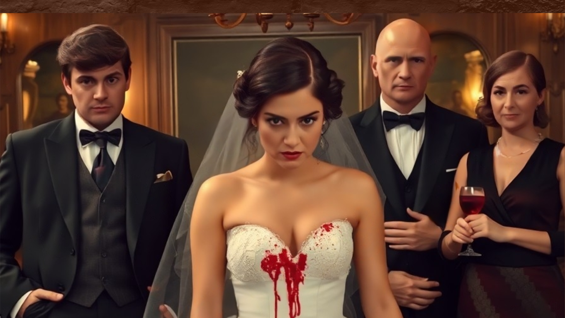 Three wedding guests and a bride wearing a white dress with a red stain stand as part of a murder mystery event at Digby Pines with Yuk Yuks