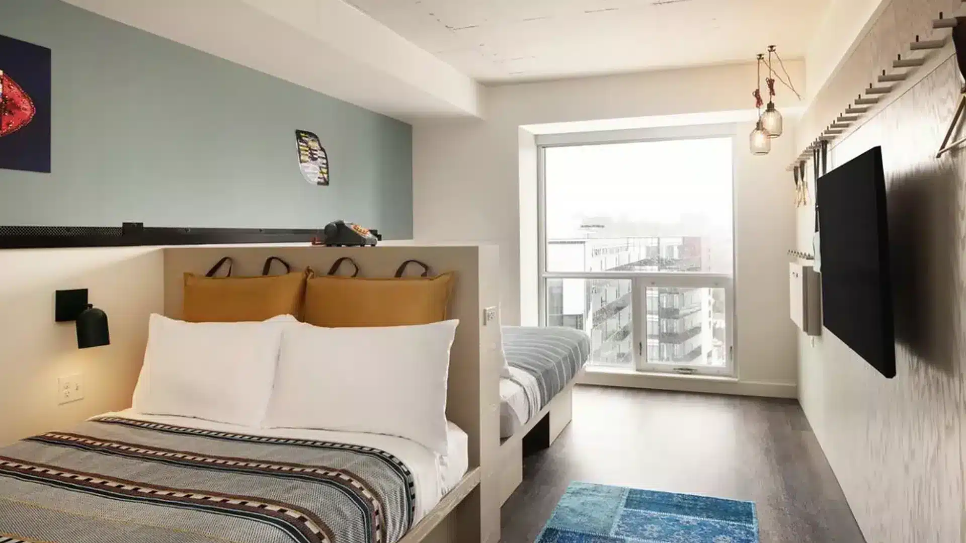 View of a double queen room at The Moxy Hotel in Halifax Nova Scotia