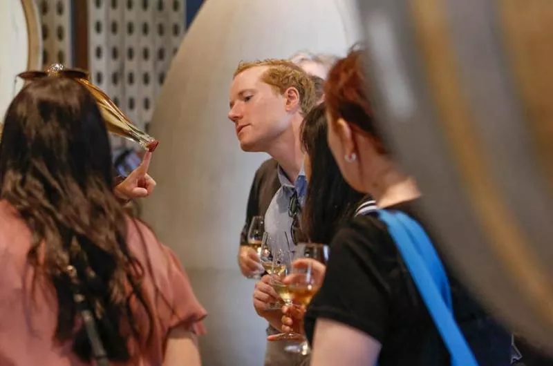 A group of people hold wine glasses inside a barrel cellar.