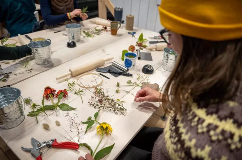 A person sits at a table looking at several different individual stems of flowers and plants.