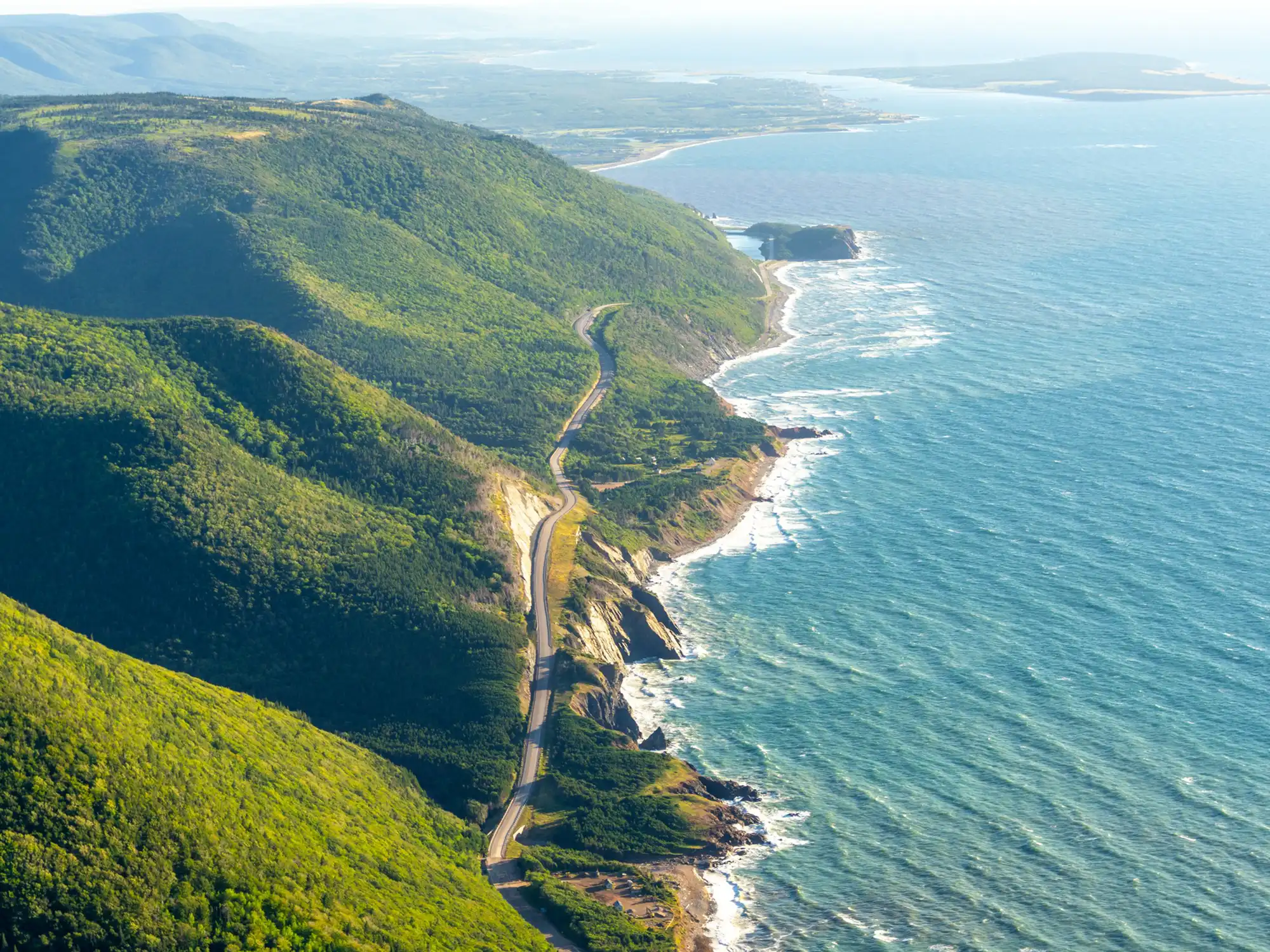 An aerial view of the cabot trail drive on Cape Breton Island