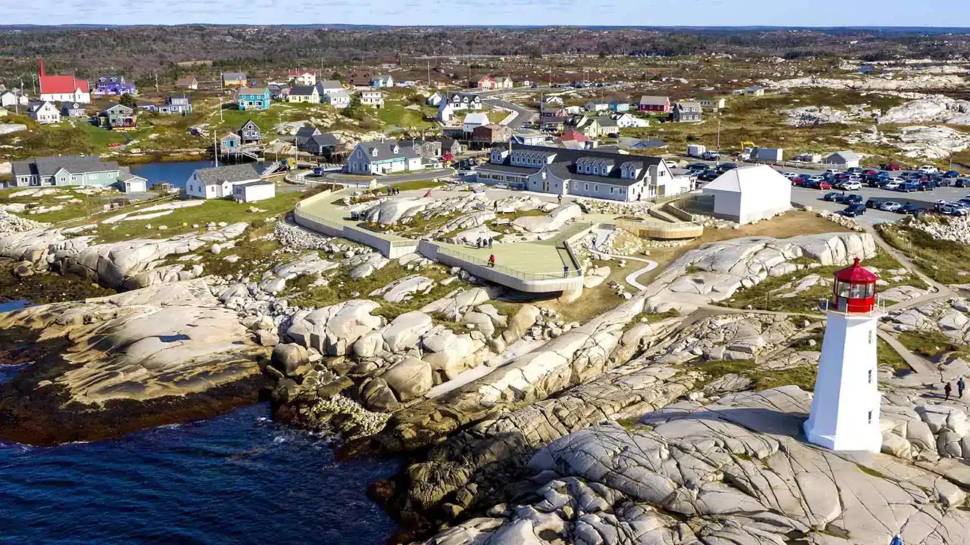 ariel view of peggy's cove lighthouse