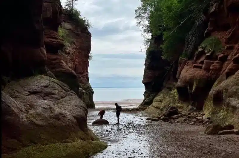 Two individuals stand in between tall, brown rock formations. The ocean in the Bay of Fundy can be seen in the background.