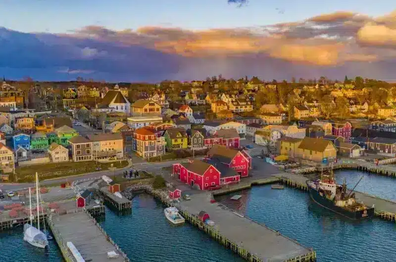 Aerial photo, looking from the harbour toward downtown, of the Town of Lunenburg.