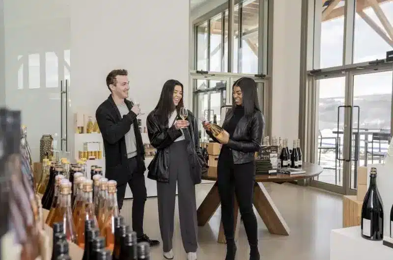 Three people stand and cheers their wine glasses. They are inside an industrial looking retail space.
