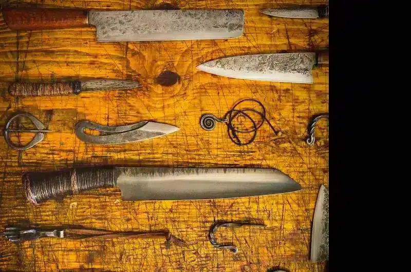 Different knives sit on display on top of a wooden table.