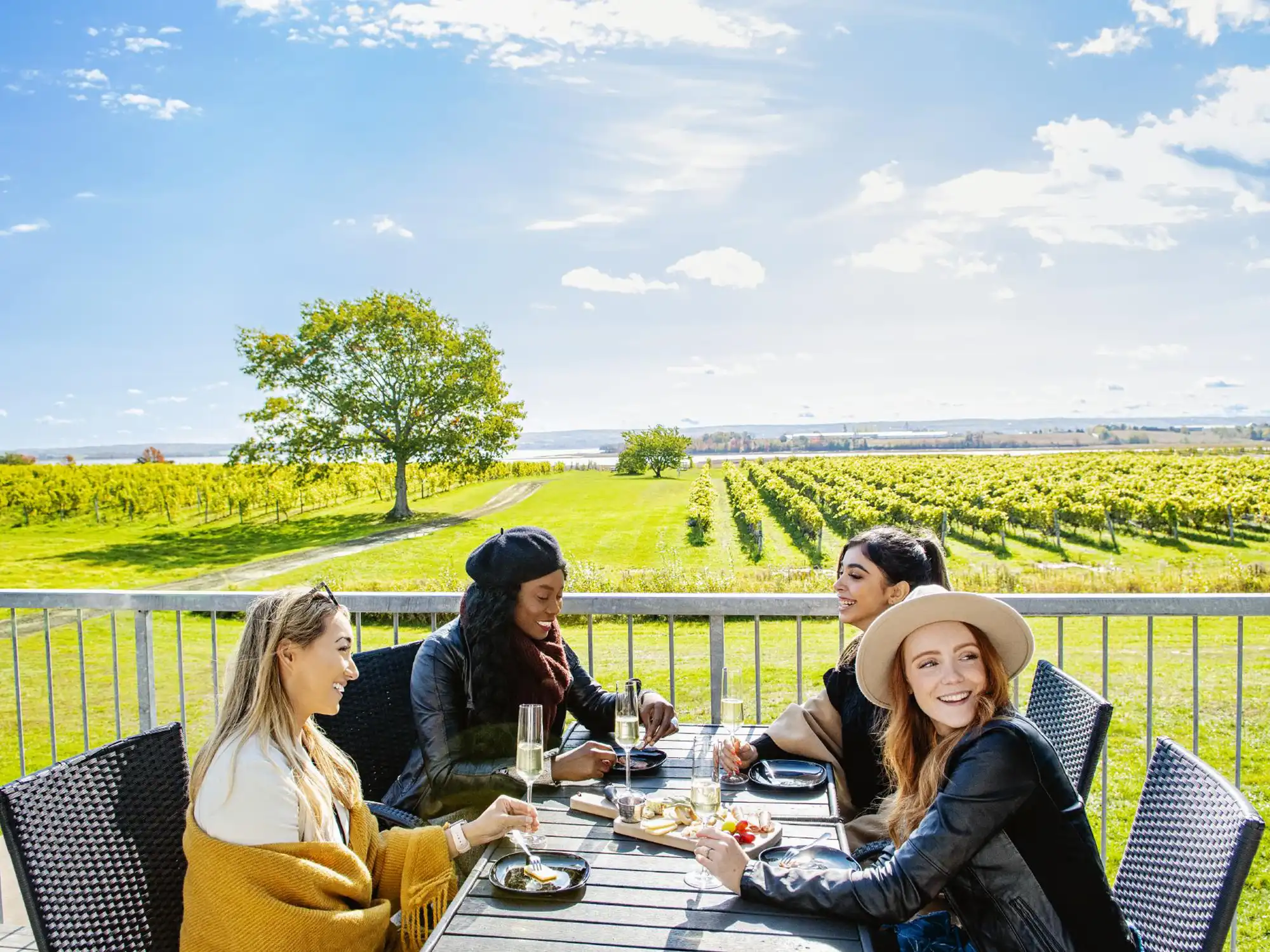 A group sits on the balcony at Blomidon Estate Wintery